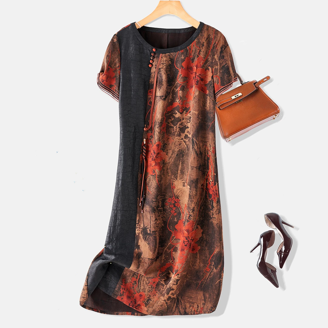 国风休闲香云纱连衣裙女撞色拼接100%桑蚕丝龟裂纹真丝宽松连衣裙