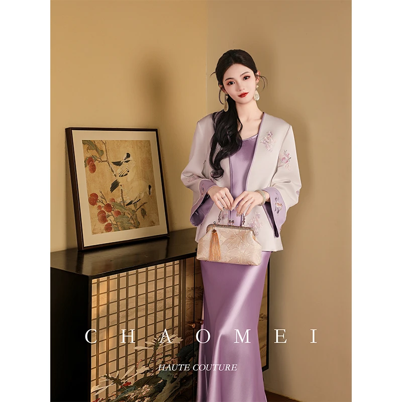 冯（CHAOMEI【紫玉钗】新中式国风女装高级感轻奢缎面外套醋酸吊带裙