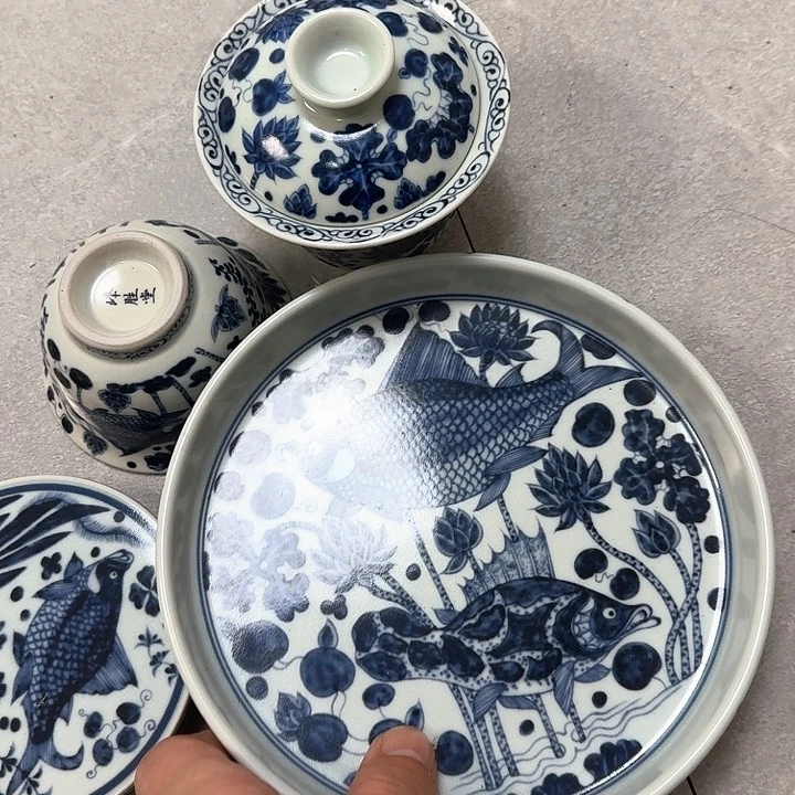 瓷片青花鱼藻4件套