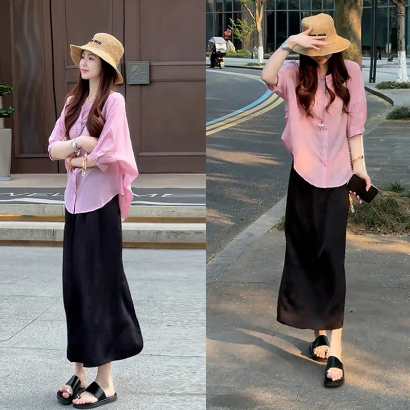 粉色衬衫黑色半身裙两件套2025夏季新款潮流漂亮百搭气质时髦套装