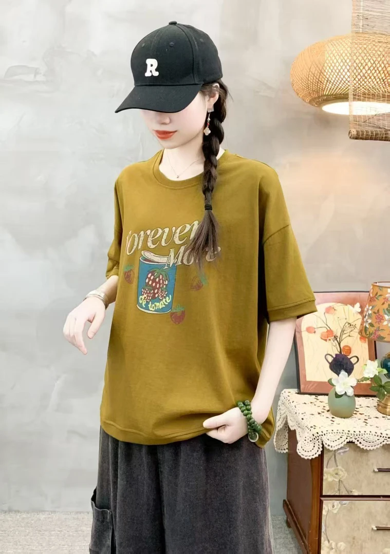 新款显瘦短袖时尚半袖夏季圆领T恤印花减龄休闲百搭宽松设计感