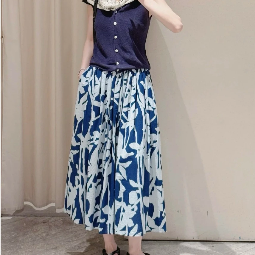 外贸IC禾蓝白植物印花高腰褶皱轻盈舒适棉质A字型中长半身裙