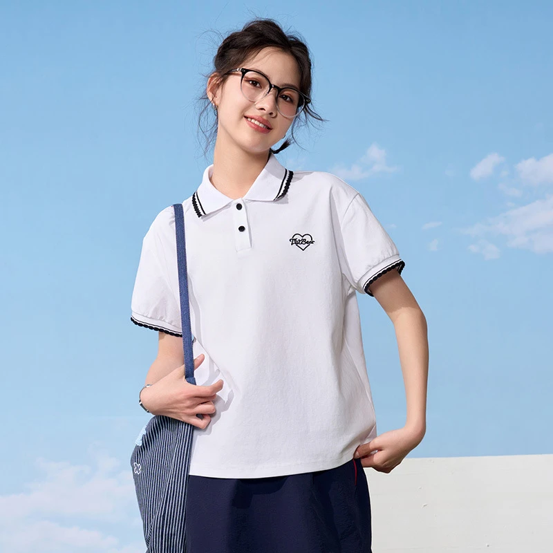 初高中学生POLO领短袖T恤2025新款夏季撞色镶边少女大童半袖上衣