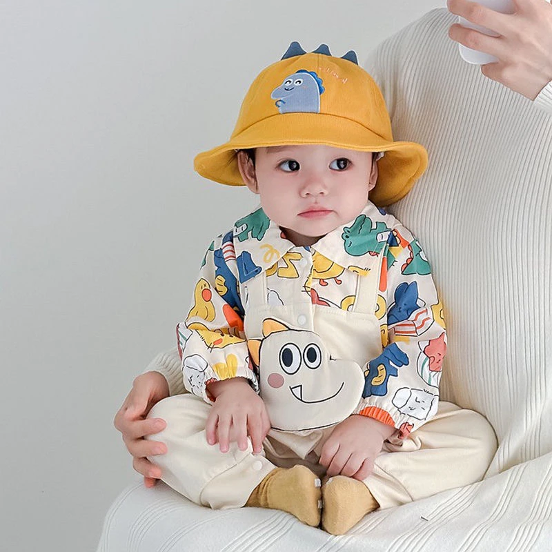 【灿宝家】印花恐龙背带裤连体衣春秋新款男女宝婴幼儿爬服外出哈衣