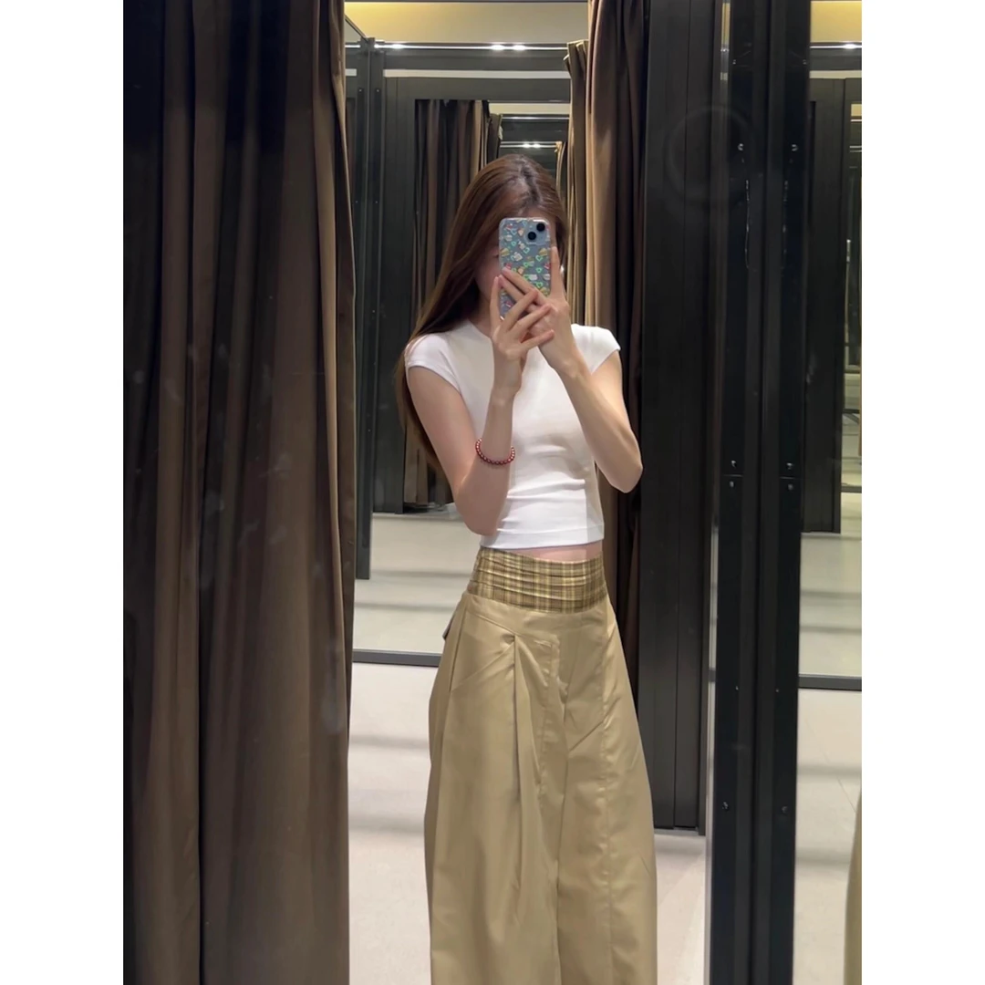 韩系卡其色高腰拼接直筒休闲裤女春季设计感百搭宽松显瘦阔腿裤子