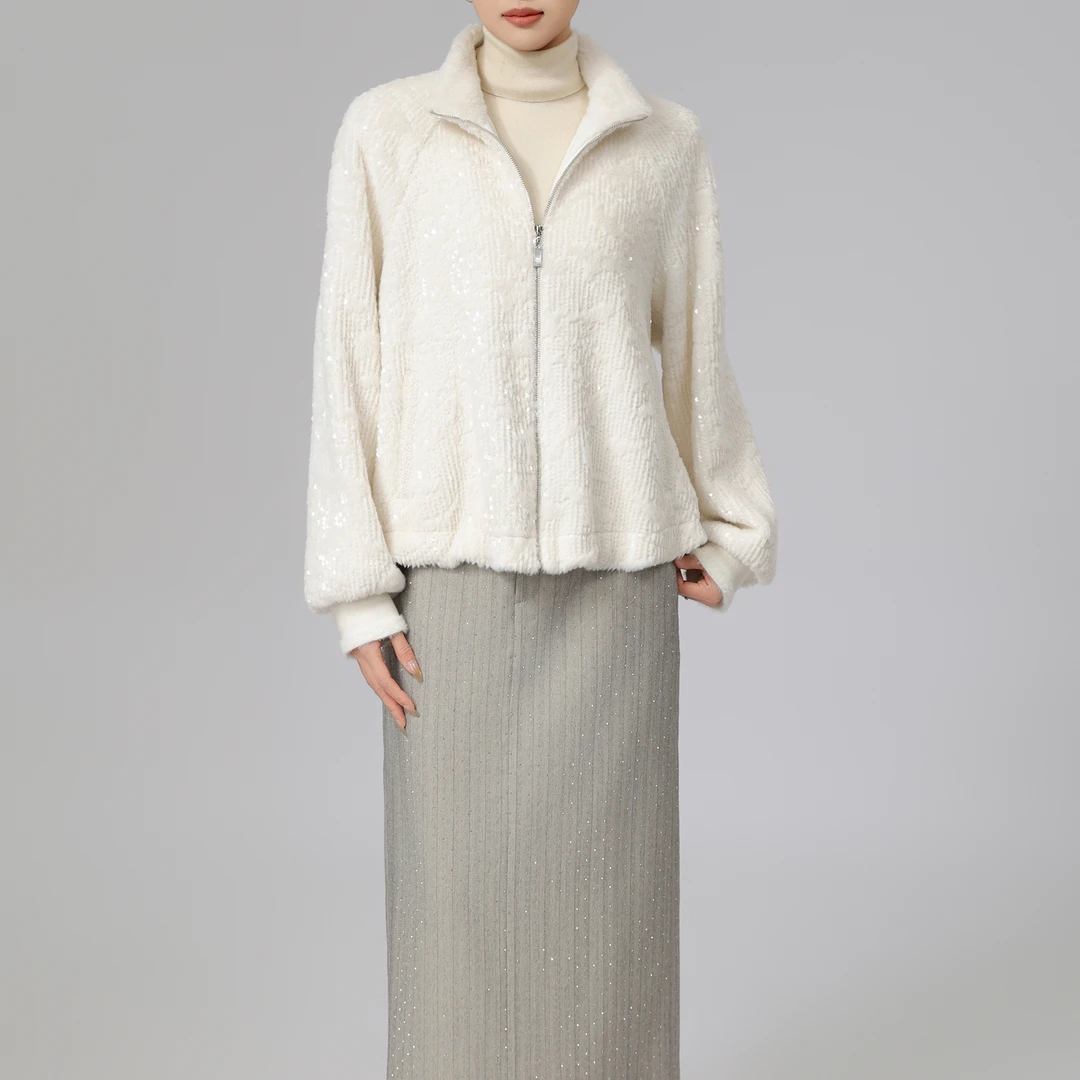 limil/丽米儿 新款轻奢时尚上衣米白亮闪长袖保暖外套女9400213