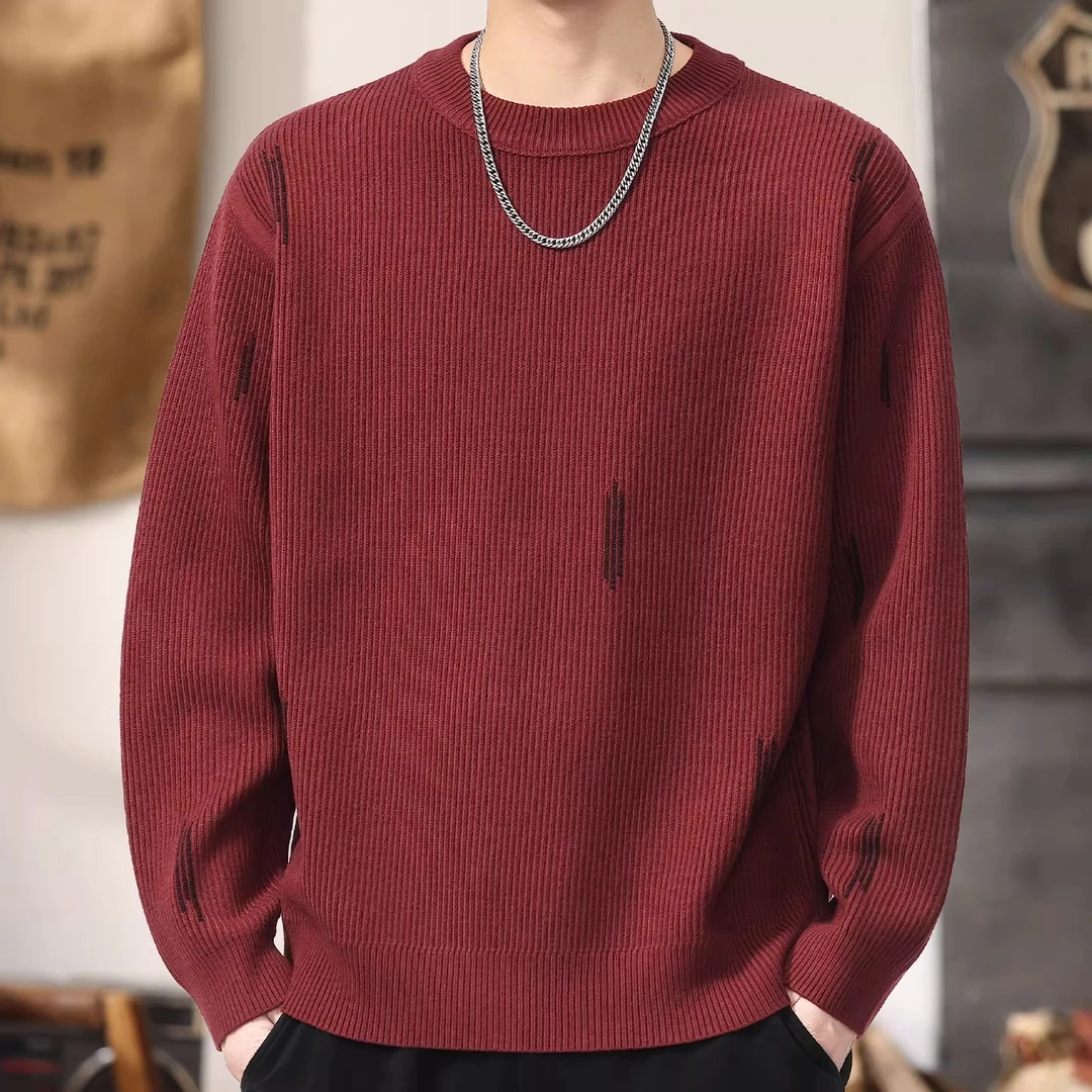 MR.MUDI/穆迪先生重磅红色毛线卫衣男士秋冬季宽松圆领长袖打底衫
