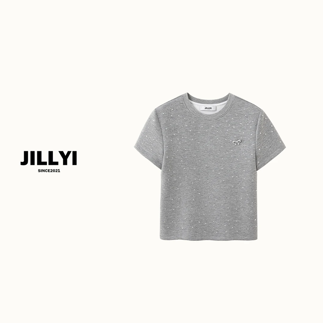 JILLYI珠海店【满天星】灰色圆领闪闪亮片装饰时尚唯美T恤夏季休闲