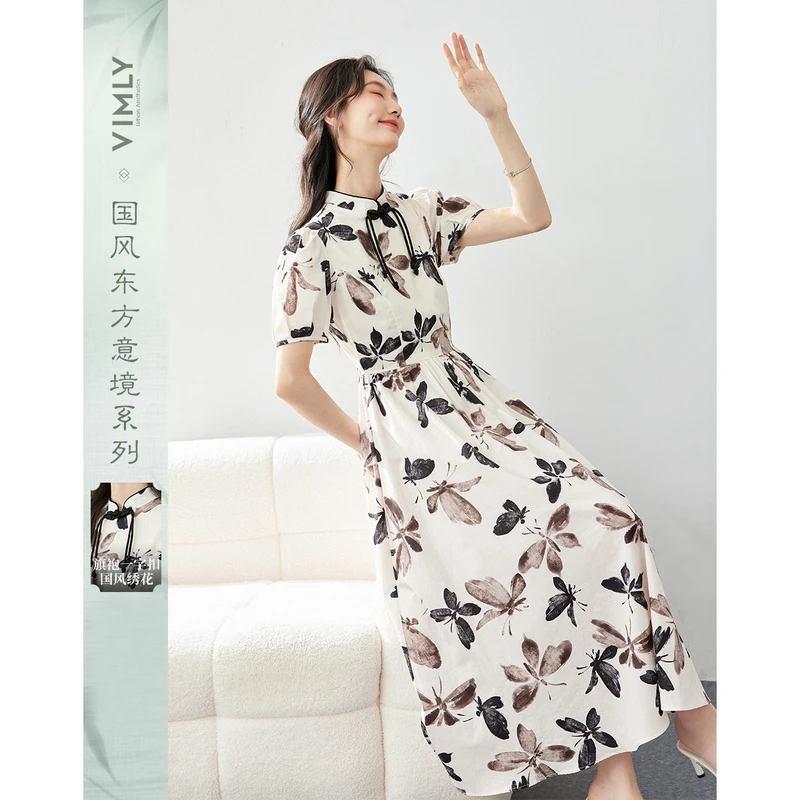 *梵希蔓新中式国风时尚连衣裙百搭盘扣立领纯棉中长裙M7187