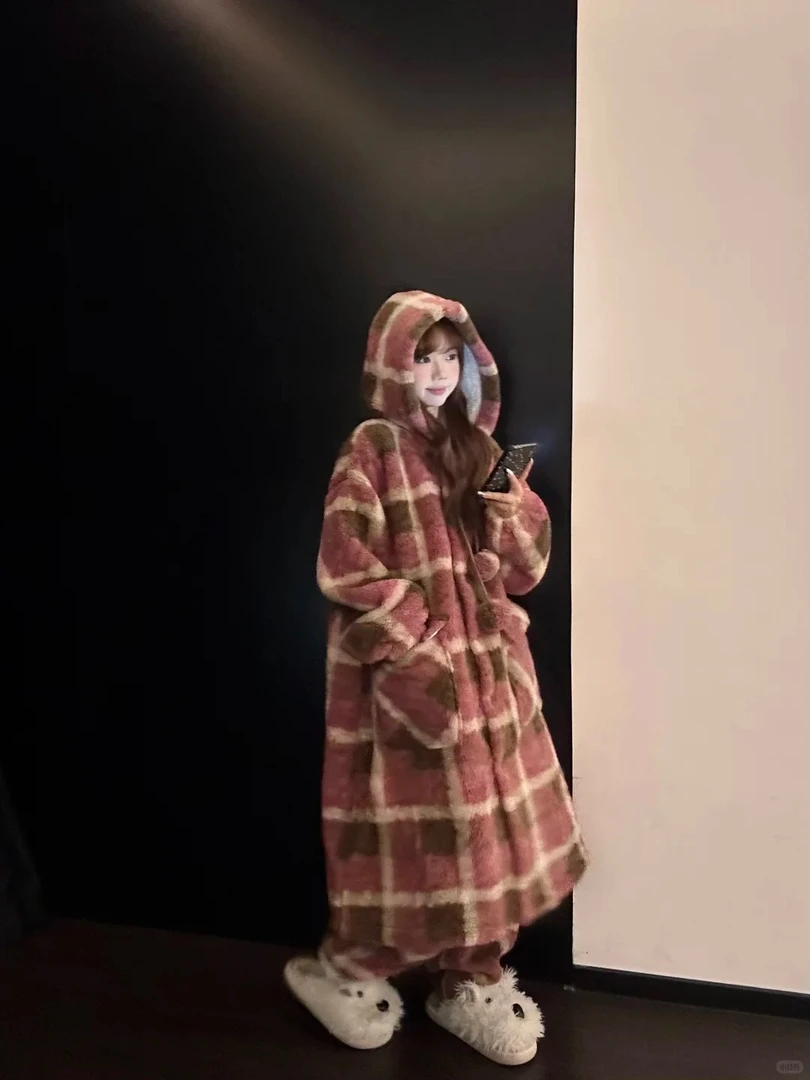 韩系复古格纹连帽珊瑚绒睡衣女秋冬季新款家居服加厚长袖套装外穿