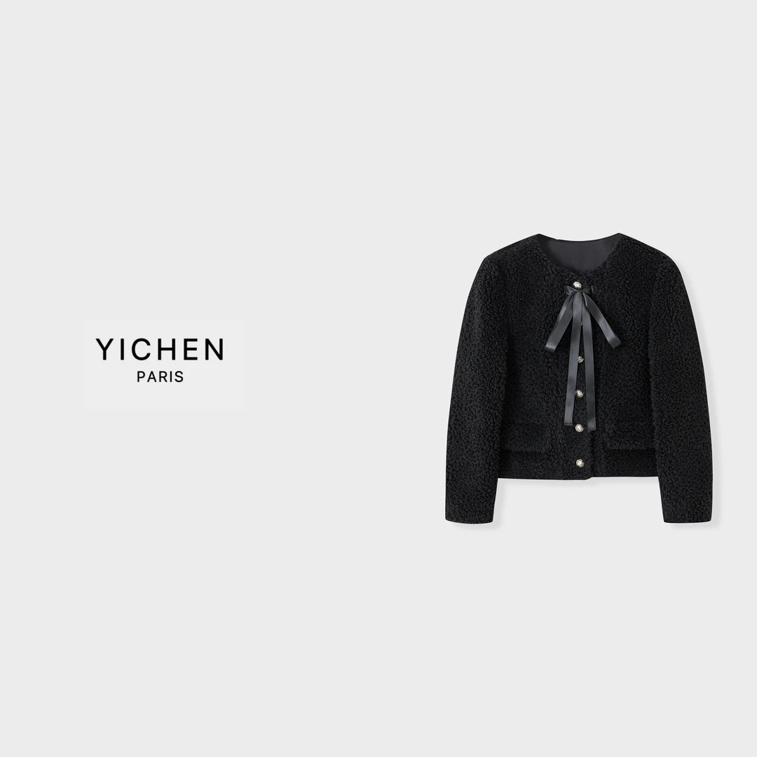 YC 黑色颗粒绒 25 N 系带装饰单排扣羊毛外套-1841