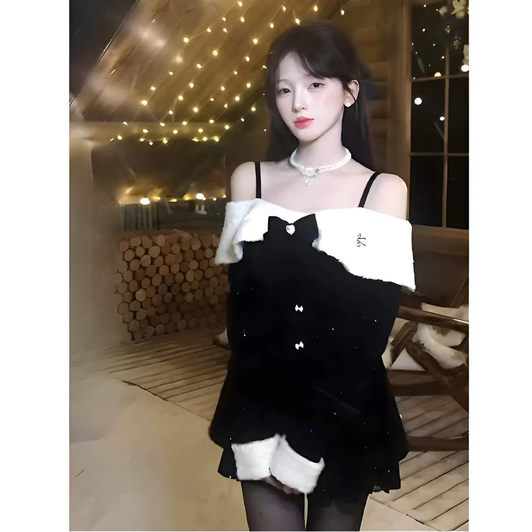 大码秋冬法式小香风一字肩吊带抹胸连衣裙女气质收腰裙子10718