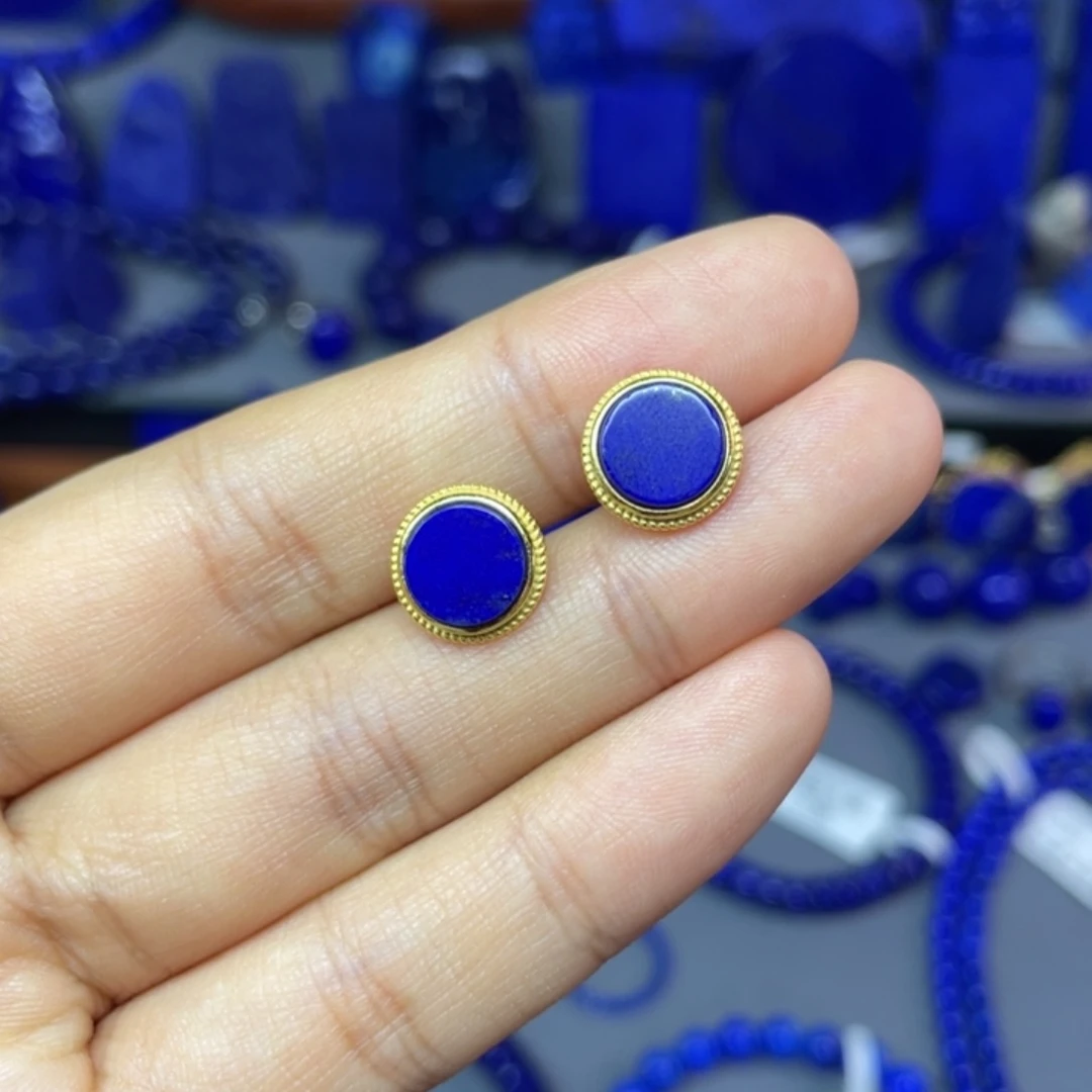 青金石银S925镀金镶嵌10mm耳饰