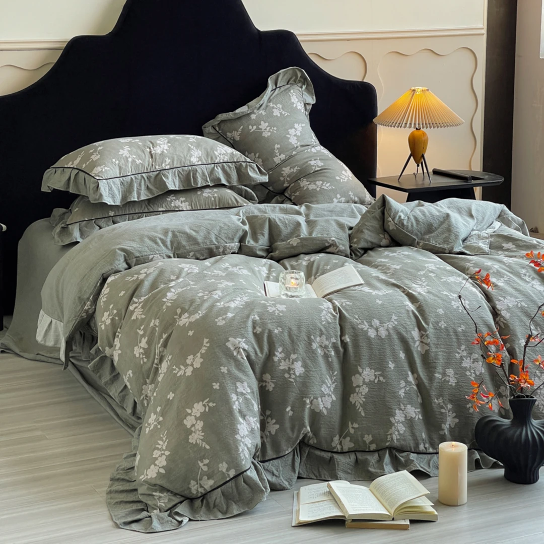 秋冬法式复古原麻云感双层纱加厚被套拉链款床上用品家用四件套