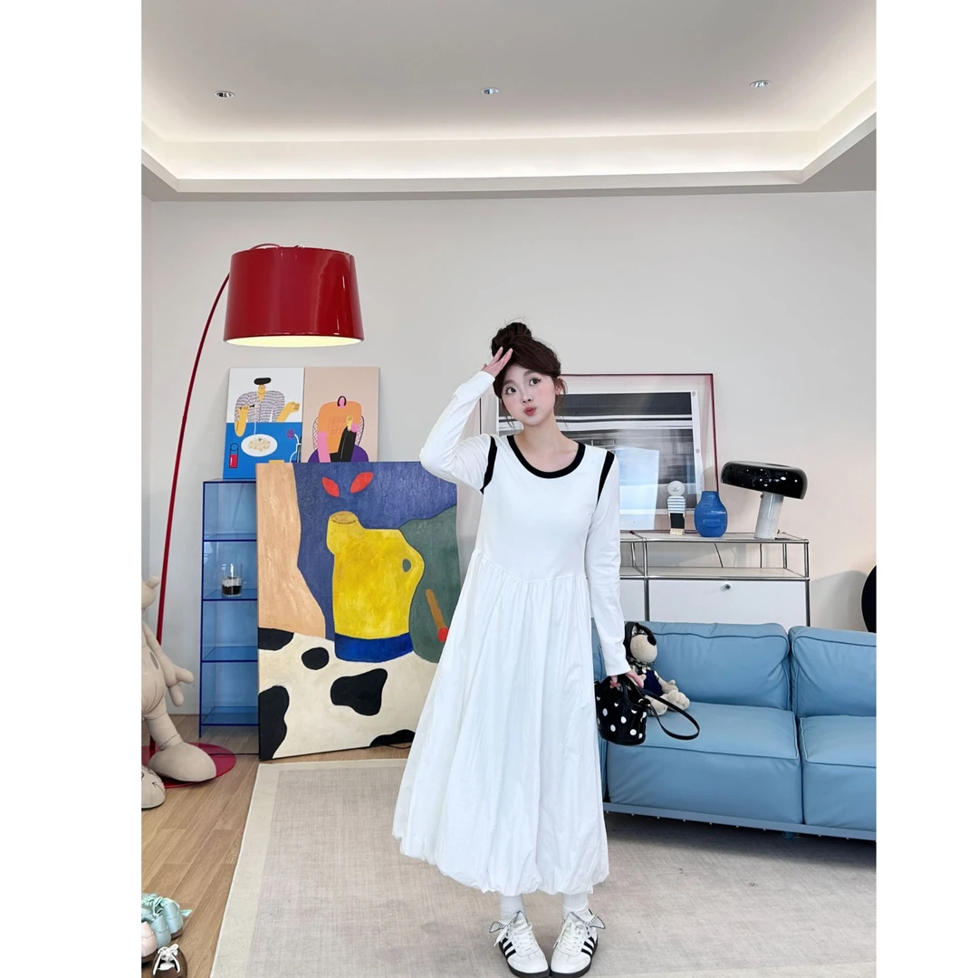 晶咕【秀场直击】假两件撞色圆领不同面料拼接长袖气球蓬蓬