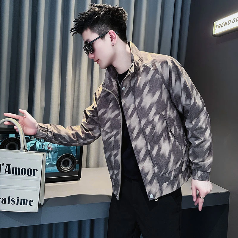 外套男款春秋2025新款潮牌网红洋气炸街高级男装痞帅花色立领夹克