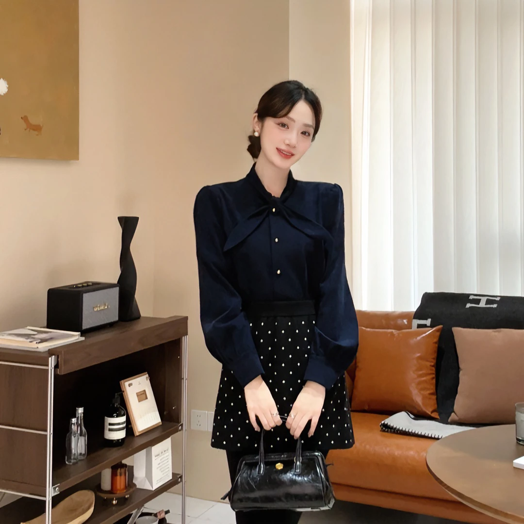 3姐【沉默格曲 藏青色法式兔耳朵衬衫】  S31373S1