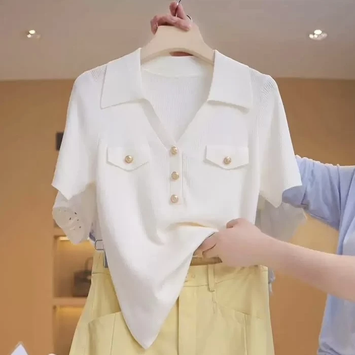 大码胖MM冰丝针织衫女夏季显瘦时尚polo领小香风百搭上衣#2525