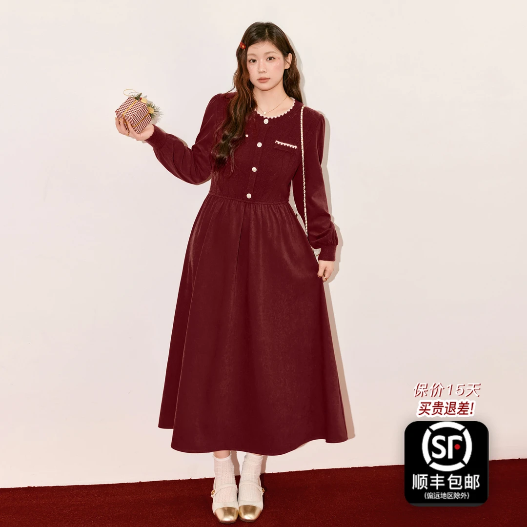 蓝语大码红色新年订婚磨毛连衣裙2025冬季新款收腰显瘦打底长裙子