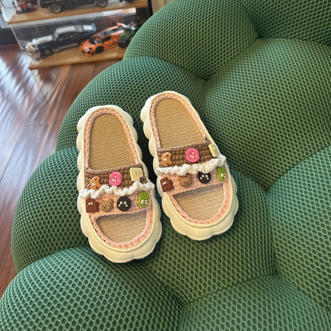 夏季可爱小熊厚底防滑增高外穿休闲百搭纯手工编织拖鞋