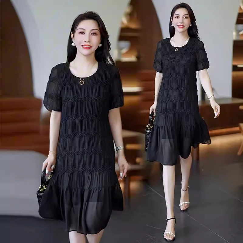 时尚短袖连衣裙女2025夏季新款设计感网纱拼接宽松显瘦中长款裙子