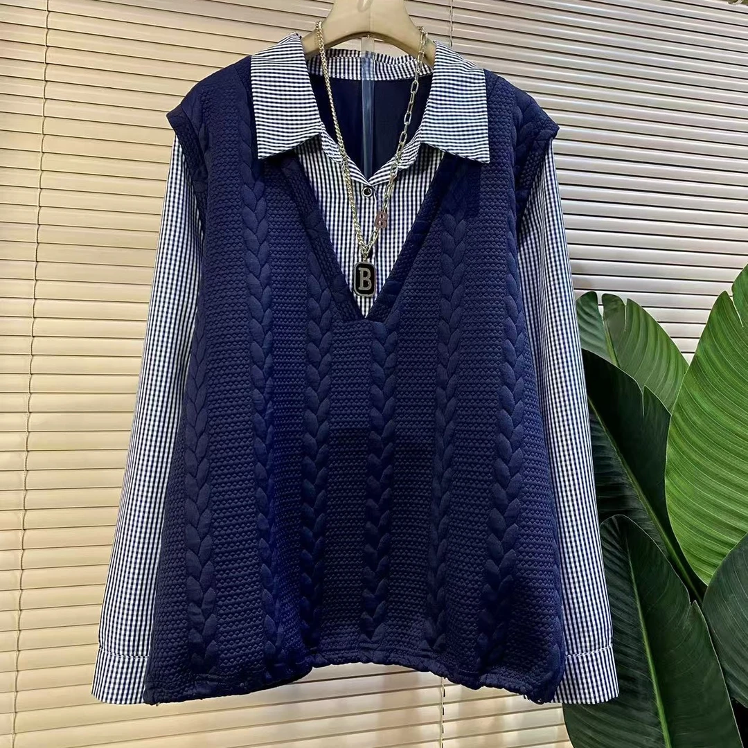 Q胖mm欧货时尚新款复古马甲格子拼接假两件女人衫