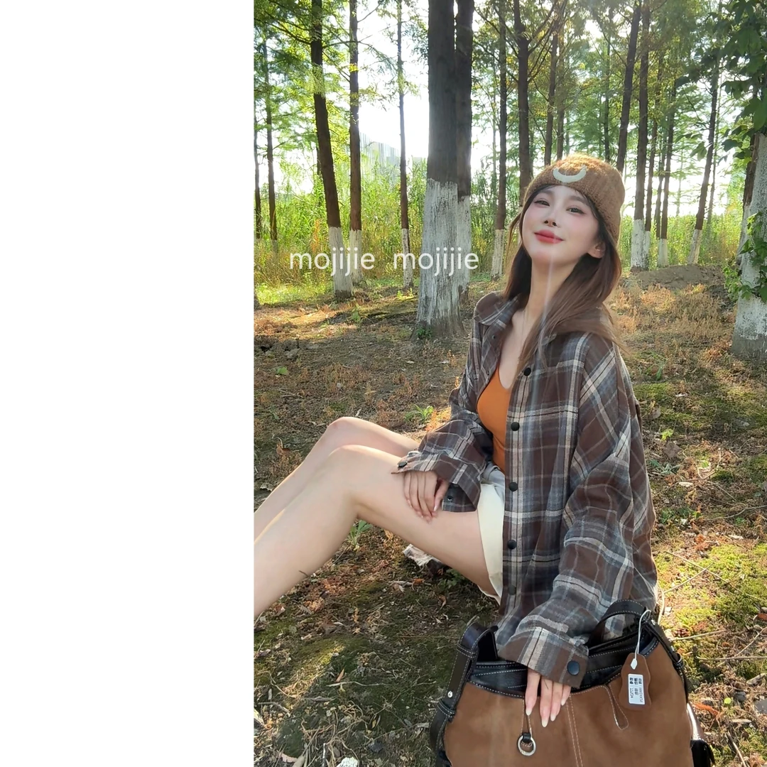 墨迹姐高个子微胖“复古格纹”美风百搭长袖宽松翻领女士秋季衬衫