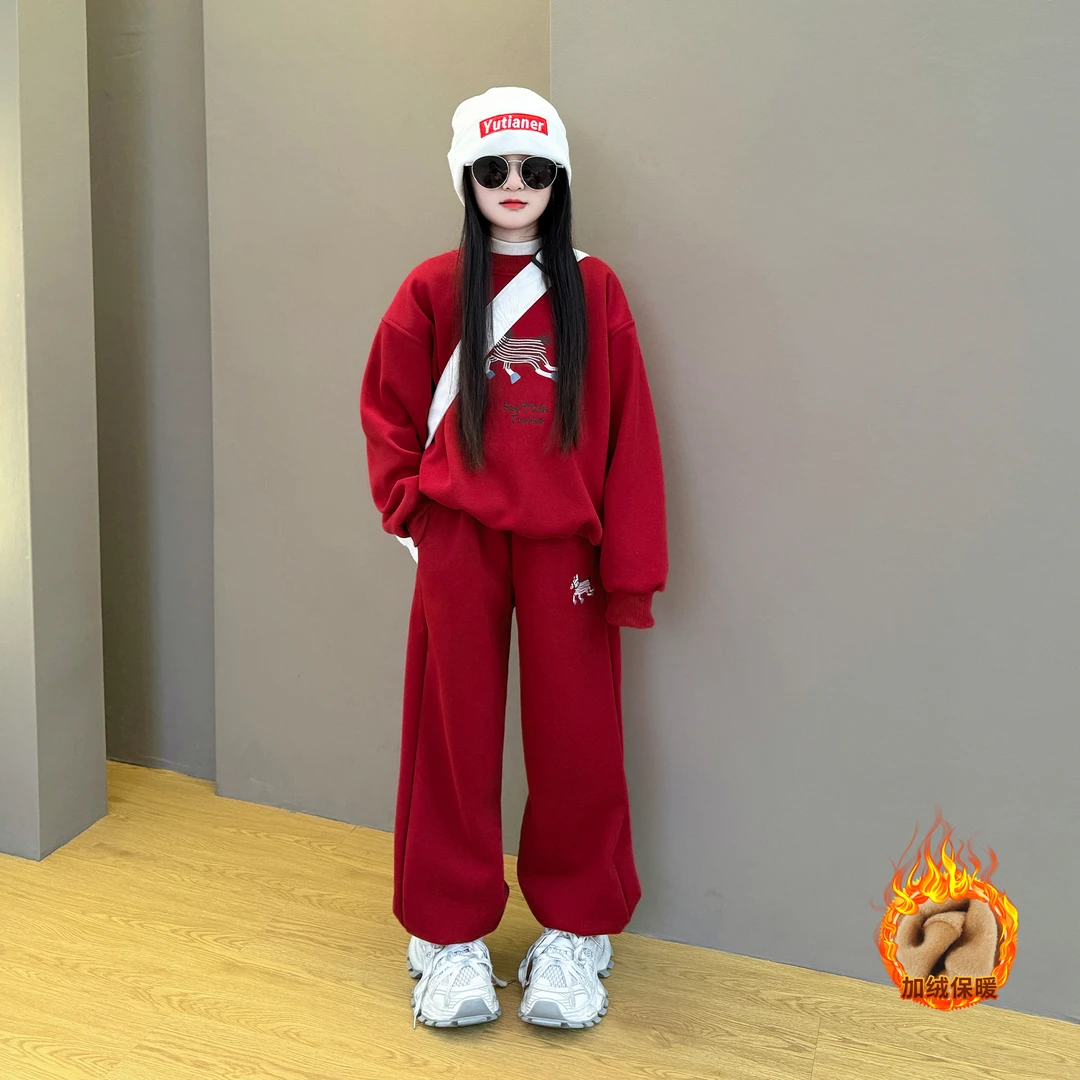 女童2025新款儿童秋冬季时尚韩系新年刺绣年服加绒卫衣卫裤两件套