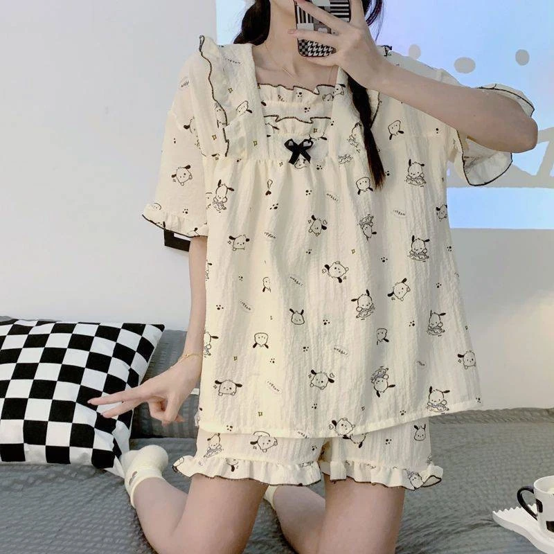 大码家居服套装年轻人棉绸女睡衣夏季甜美日系短袖