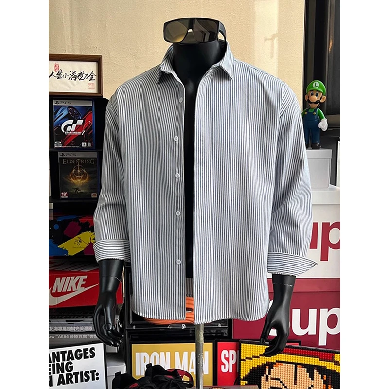 cleanfit蓝色竖条纹衬衫男款春秋季美式潮牌衬衣vibe休闲百搭外套