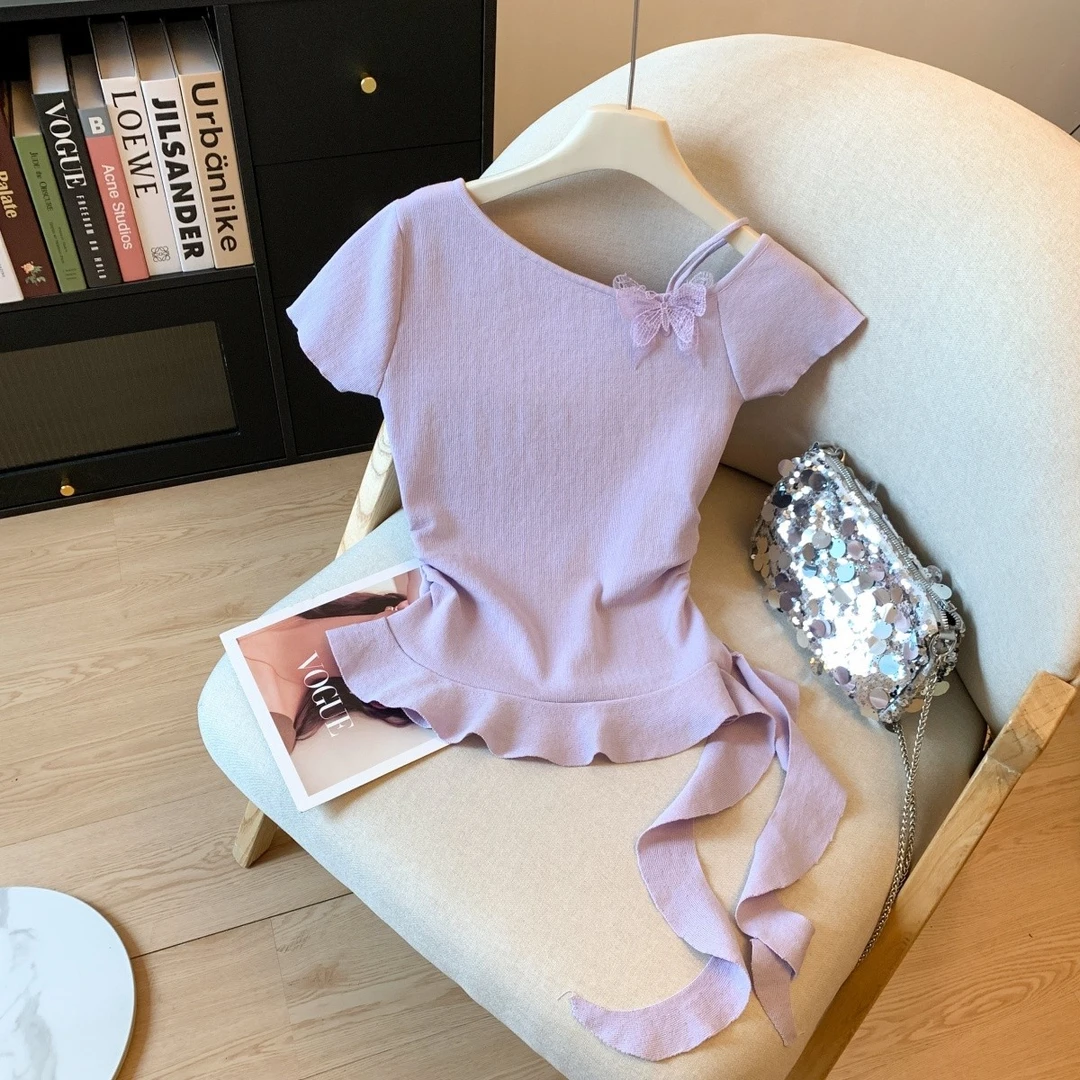 紫色设计感蝴蝶短袖T恤女夏季吊带蕾丝针织不规则木耳边好看小衫