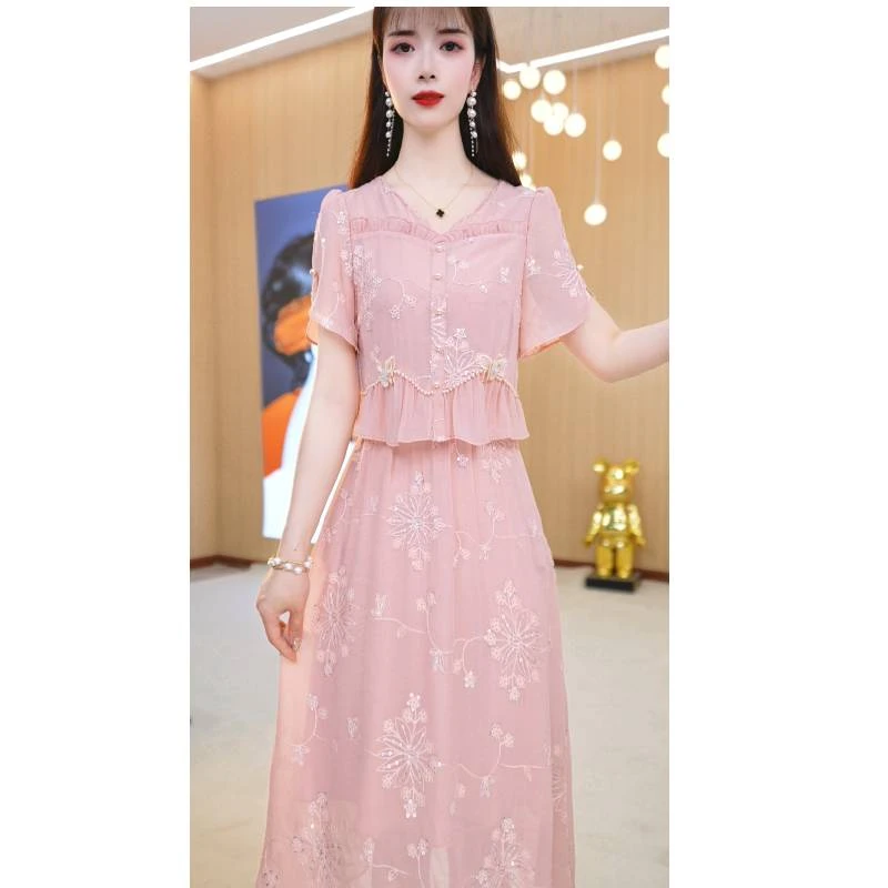 【连衣裙】夏季新款V领纯色简约气质收腰中长款连衣裙M-4XL