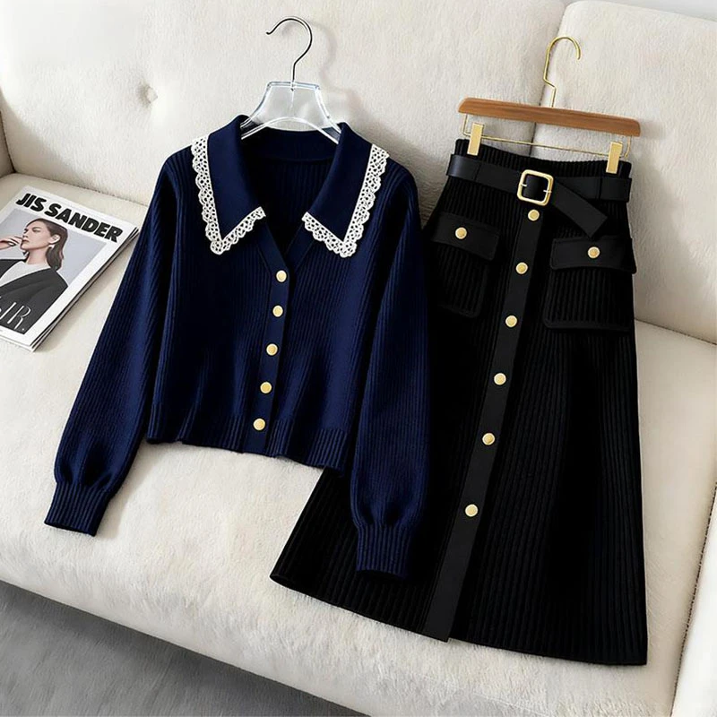 慵懒风洋气高级感蓝色蕾丝花边针织衫女秋季休闲百搭半身裙两件套