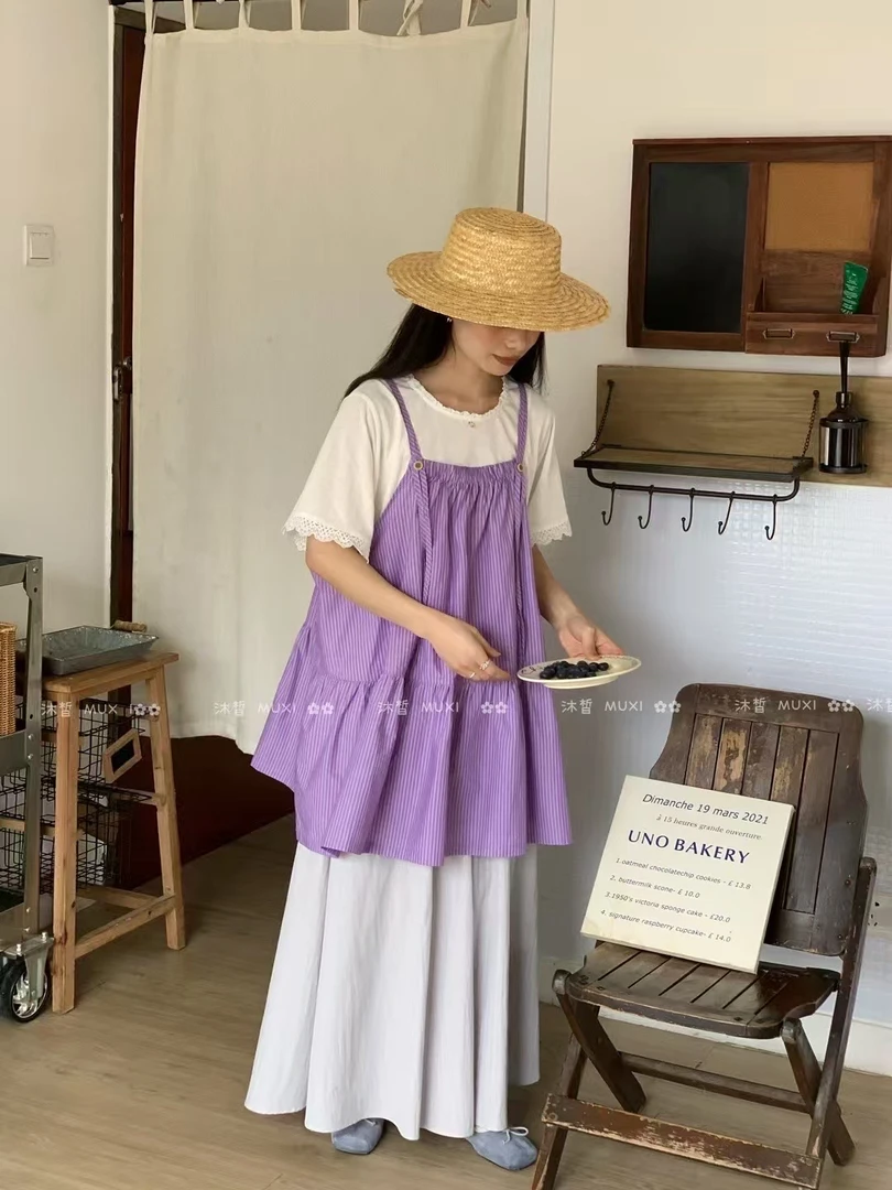 2025夏季新款叠穿条纹小清新条纹洋气吊带连衣裙女森系复古百搭女