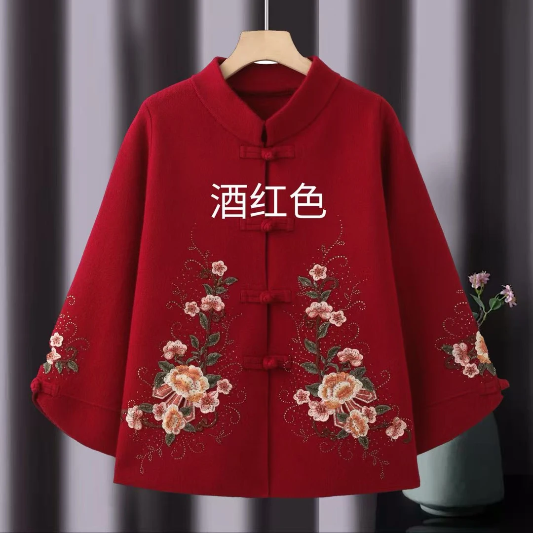 09-5秋冬短款新中式妈妈毛衣中老年中老年女装中国风喜婆婆妈妈装