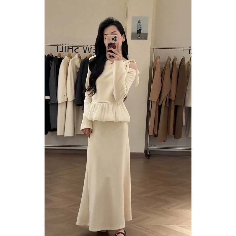 2025秋季新款法式气质设计感蝴蝶结斜领长袖上衣高腰显瘦半身裙