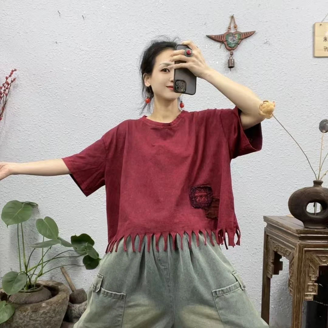 2565右下摆老布绣喜下摆流苏炒色圆领上衣（长58胸围140
