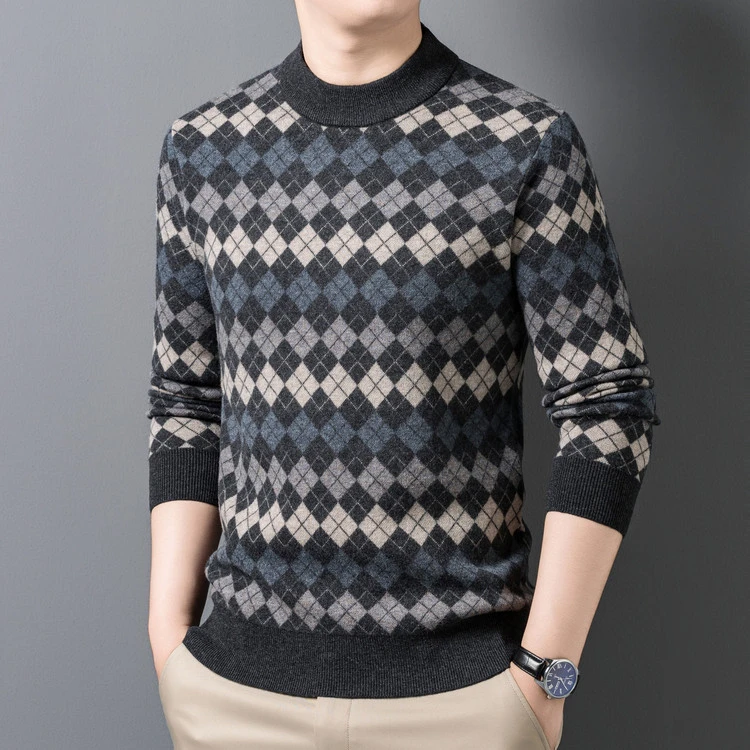 2025年冬季新款100%绵羊毛加厚保暖半高领菱形针织打底衫男士毛衣