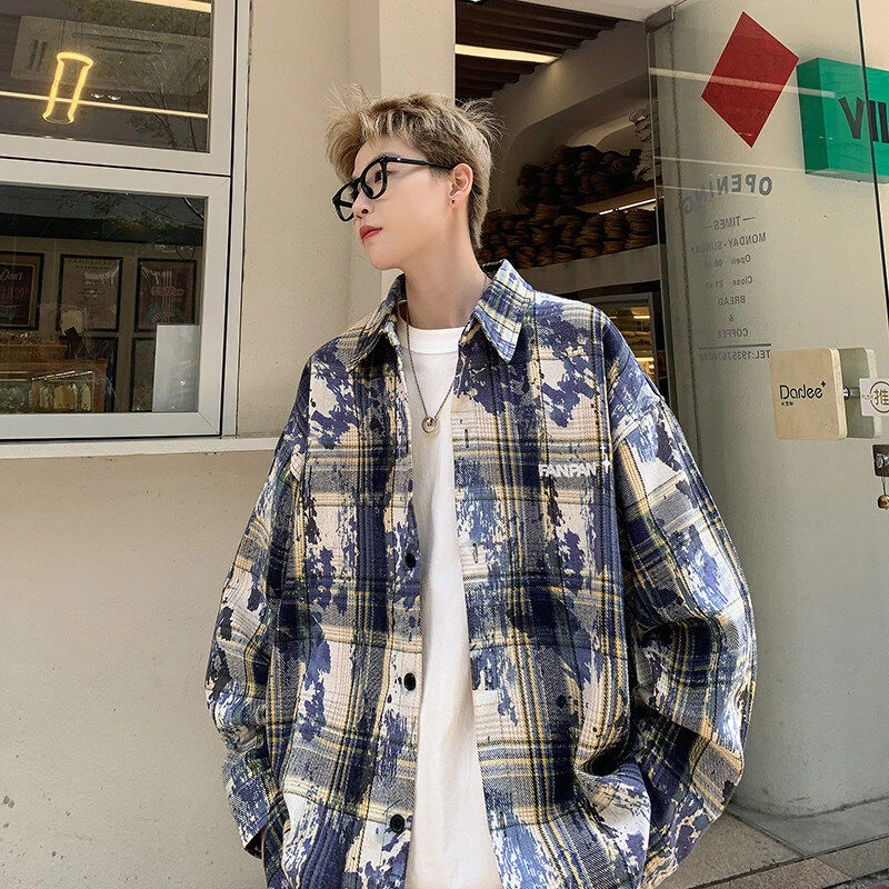 美式复古扎染刺绣格子长袖衬衫男高级感百搭衬衣打底春夏上衣外套