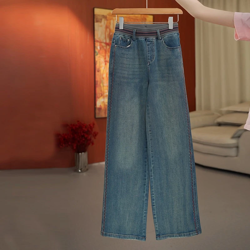 松紧腰刺绣烫钻时尚牛仔直筒裤女宽松显瘦秋冬百搭垂感阔腿裤长裤