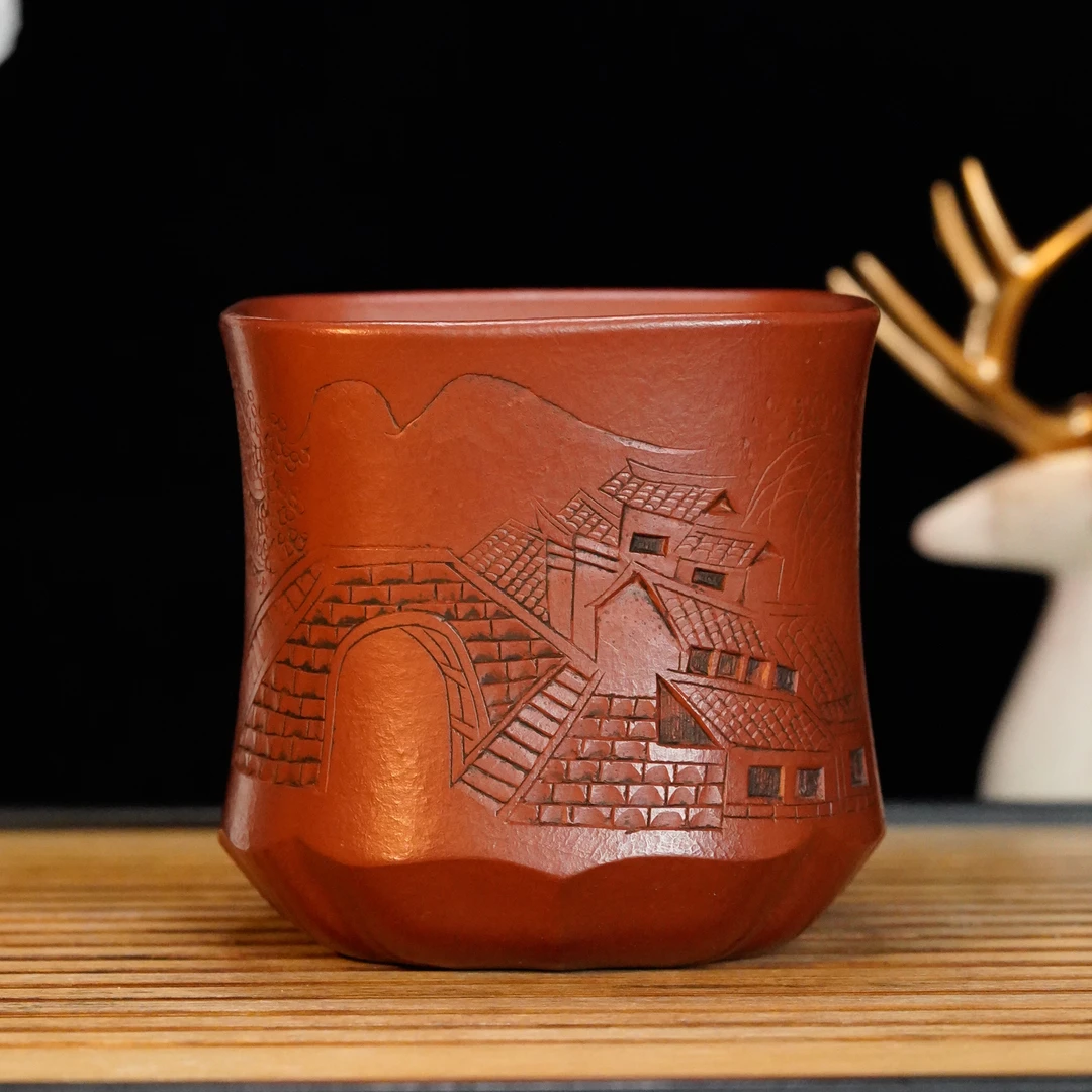 GS15-121  宜兴手工紫砂   四方刻绘主人杯