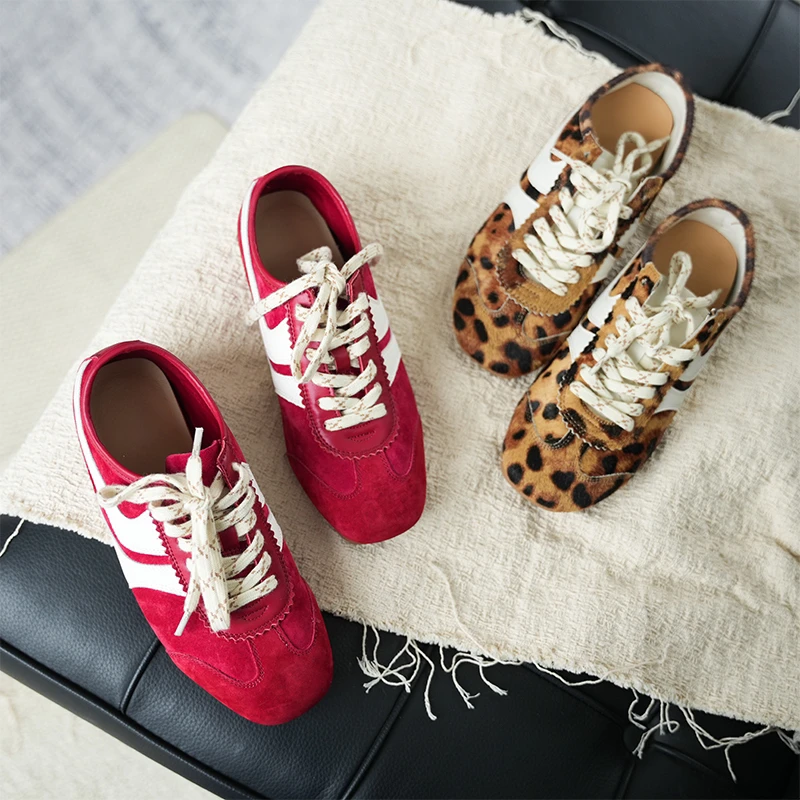 小方头美式复古德训鞋 豹纹马毛平底系带休闲鞋真皮软底小众女鞋