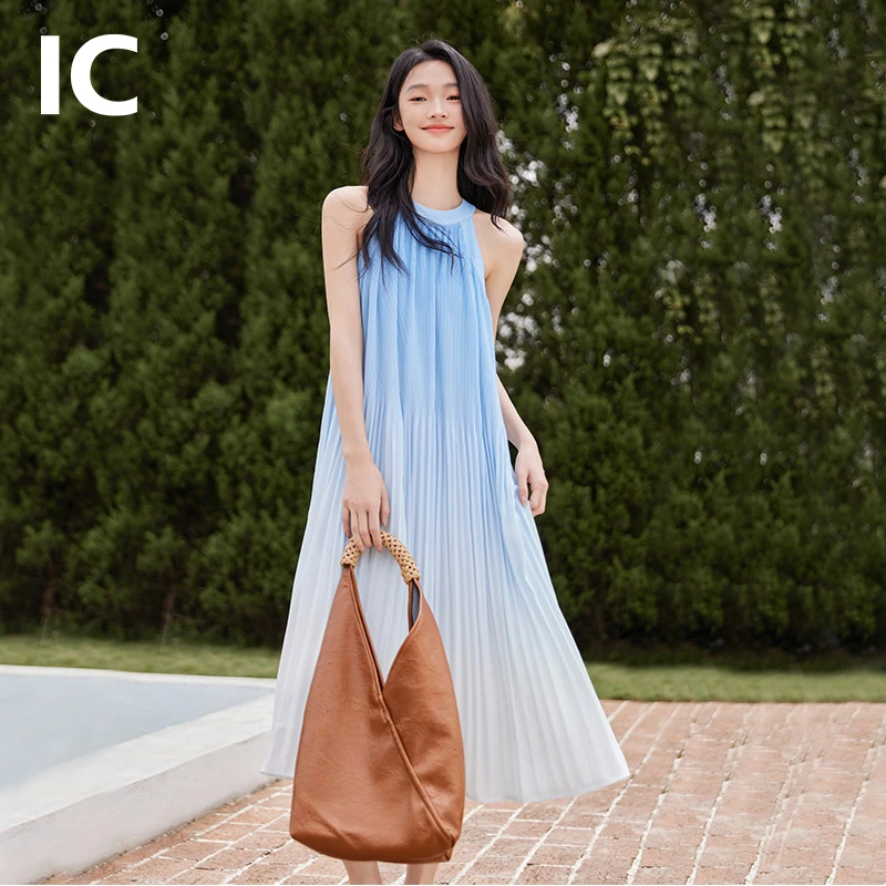 IC渐变印花压褶无袖宽松连衣裙女2025夏季新款气质休闲通勤裙子