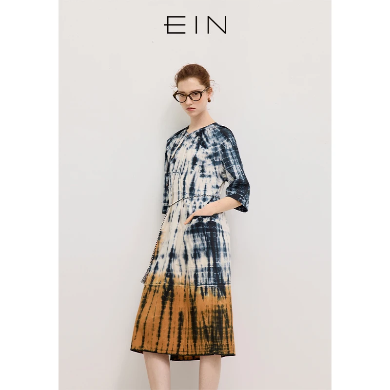 EIN/言【商场同款款】余晖波光扎染新中式偏襟纯棉连衣裙25秋夏款
