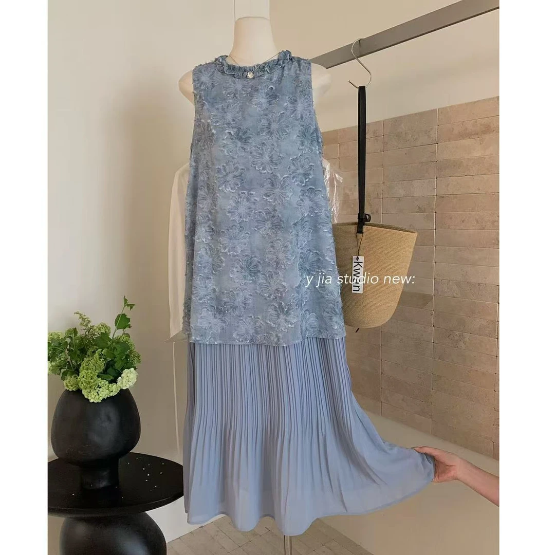 蓝调夏季中长款假两件拼接重工提花百搭显瘦背心连衣裙女9117#A