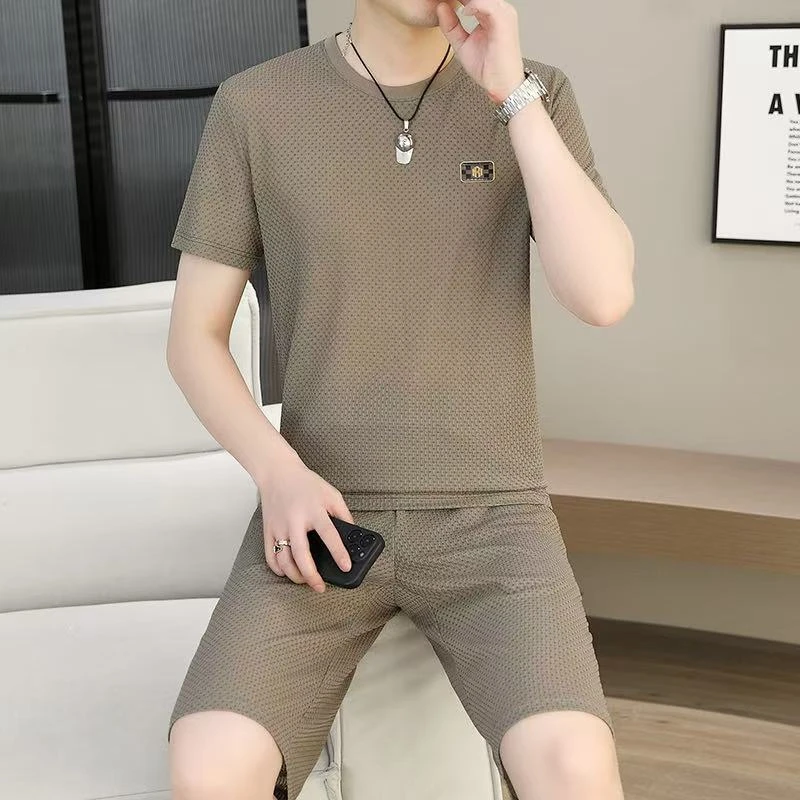 夏季短袖T恤男士短裤两件套装冰丝薄款透气潮牌青年休闲876206