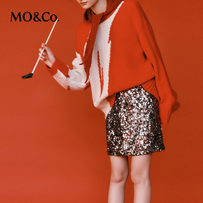 MOCO春季重工珠片叠绣高腰短裙半身裙缎感内衬MBD1SKTK01