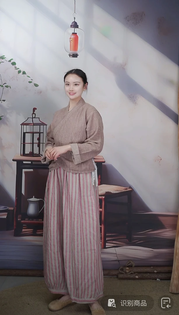 七初定制布衣  盛夏轻薄透气汉麻条纹文艺来去缝灯笼裤