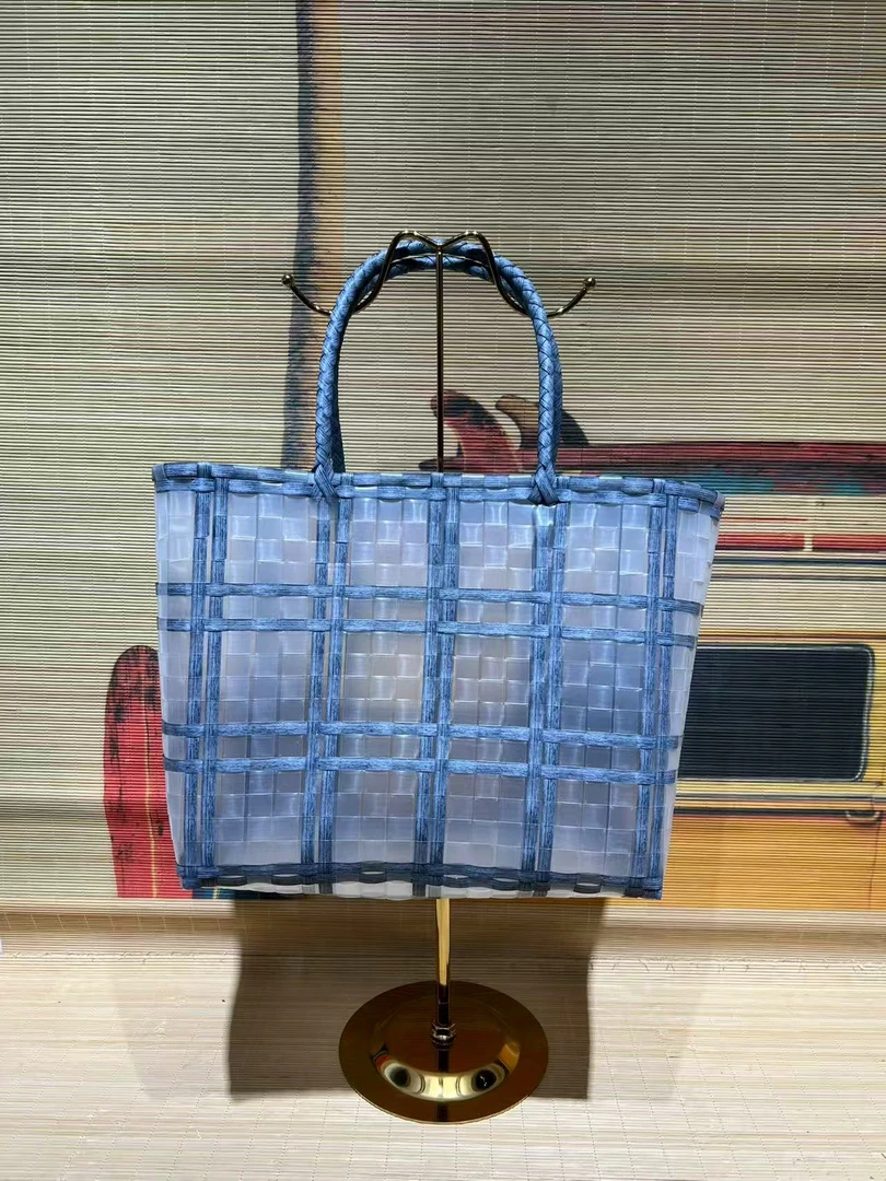编织链条撞色敞口朋克风手提包蓝色手拎包手拿包