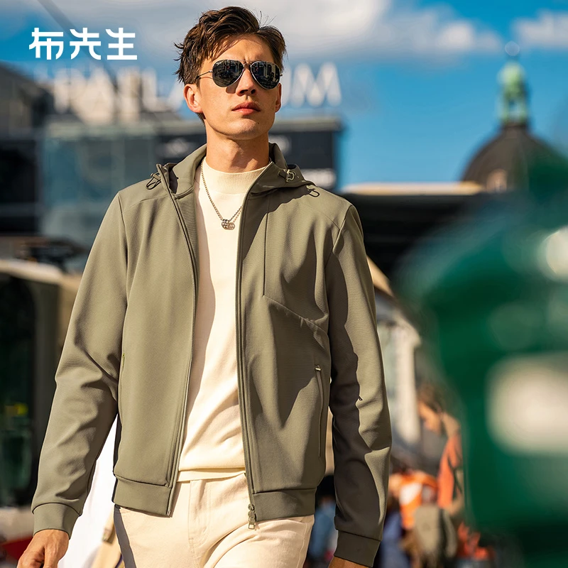 布先生连帽拉链针织夹克外套男款春季抽绳设计运动风外套PT15531